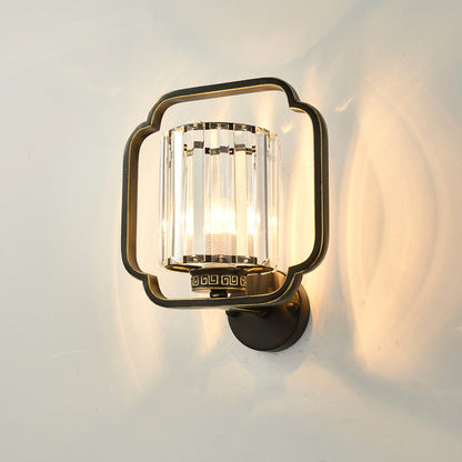 Traditional Chinese Cylinder Iron Crystal 2-Light Wall Sconce Lamp For Living Room