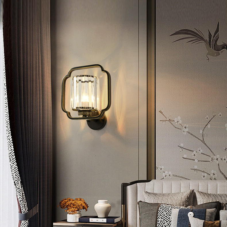 Traditional Chinese Cylinder Iron Crystal 2-Light Wall Sconce Lamp For Living Room