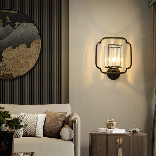 Traditional Chinese Cylinder Iron Crystal 2-Light Wall Sconce Lamp For Living Room