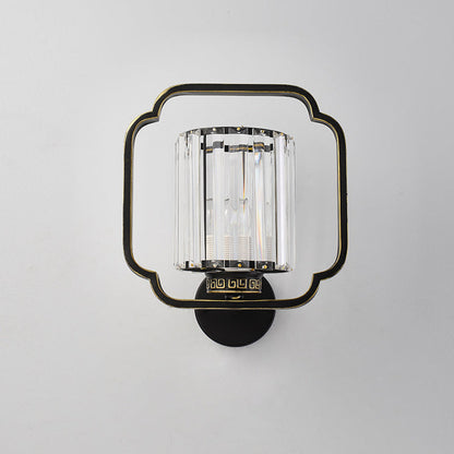 Traditional Chinese Cylinder Iron Crystal 2-Light Wall Sconce Lamp For Living Room