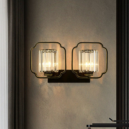 Traditional Chinese Cylinder Iron Crystal 2-Light Wall Sconce Lamp For Living Room