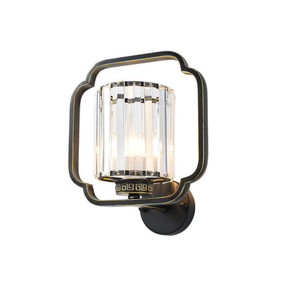 Traditional Chinese Cylinder Iron Crystal 2-Light Wall Sconce Lamp For Living Room