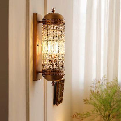 Traditional Vintage Cylinder Metal Crystal 1-Light Wall Sconce Lamp For Hallway