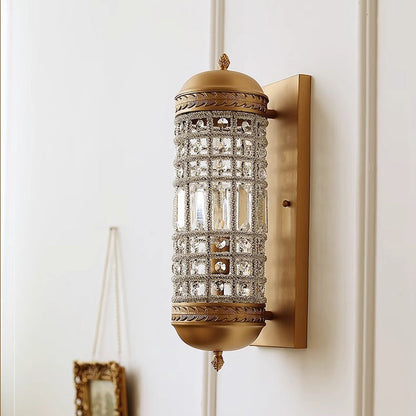 Traditional Vintage Cylinder Metal Crystal 1-Light Wall Sconce Lamp For Hallway