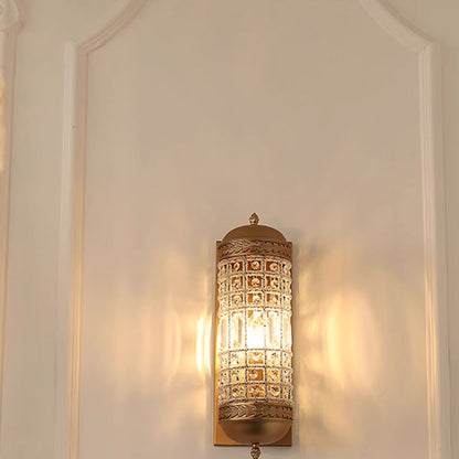 Traditional Vintage Cylinder Metal Crystal 1-Light Wall Sconce Lamp For Hallway