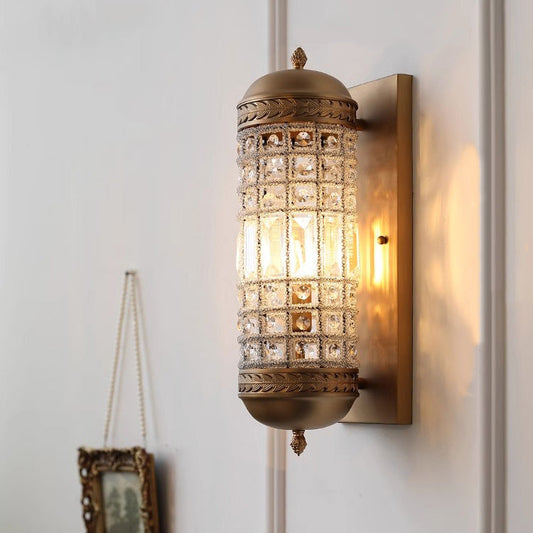 Traditional Vintage Cylinder Metal Crystal 1-Light Wall Sconce Lamp For Hallway