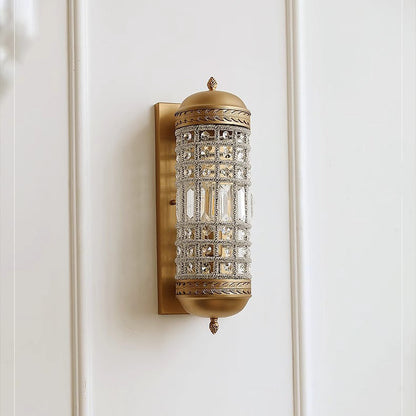 Traditional Vintage Cylinder Metal Crystal 1-Light Wall Sconce Lamp For Hallway