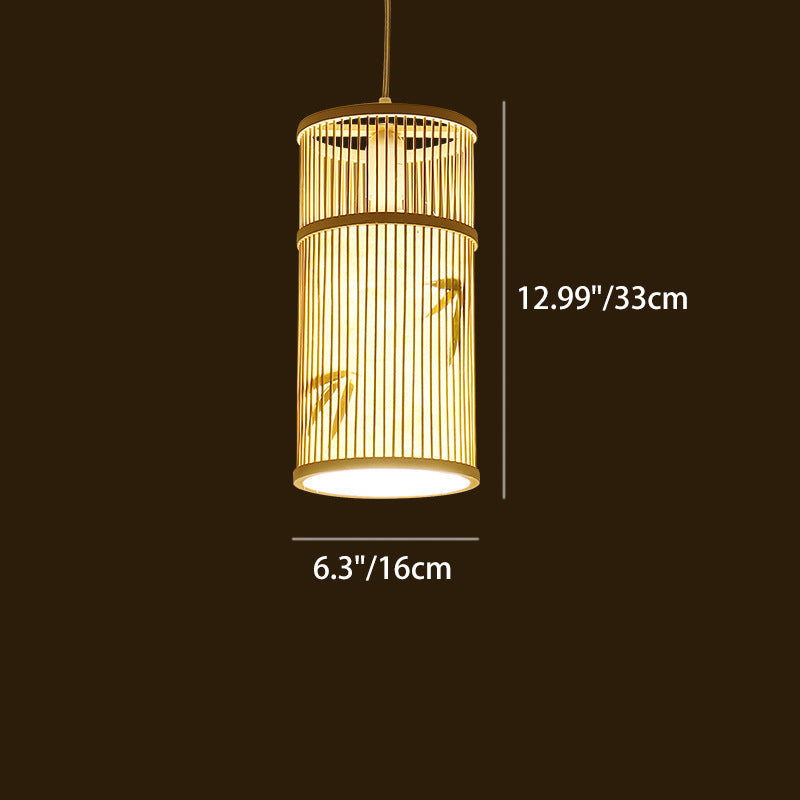 Traditional Chinese Cylinder Bamboo 1-Light Pendant Light For Living Room