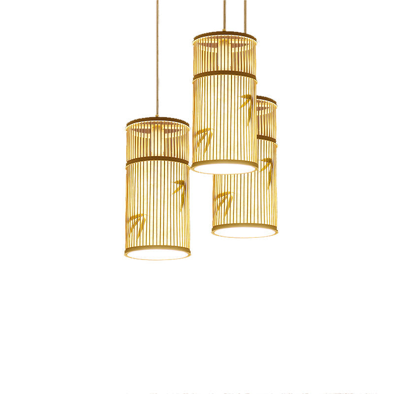 Traditional Chinese Cylinder Bamboo 1-Light Pendant Light For Living Room