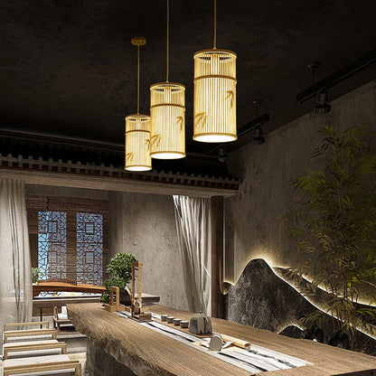 Traditional Chinese Cylinder Bamboo 1-Light Pendant Light For Living Room