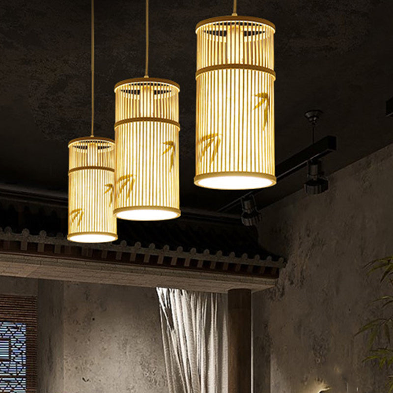 Traditional Chinese Cylinder Bamboo 1-Light Pendant Light For Living Room