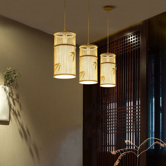 Traditional Chinese Cylinder Bamboo 1-Light Pendant Light For Living Room