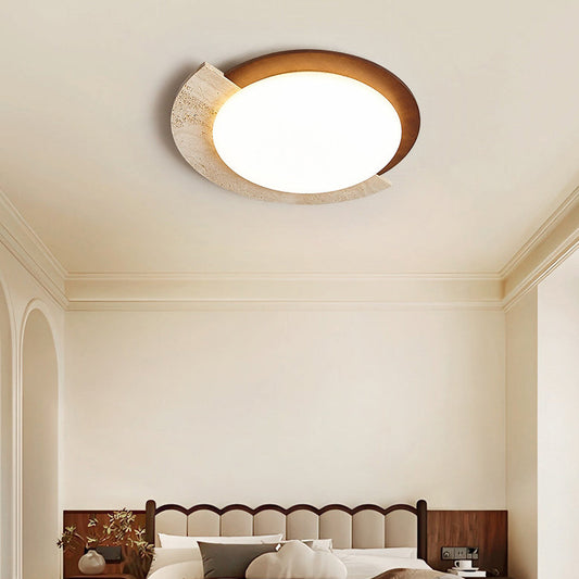 Traditional Japanese Round Travertine Acrylic LED Flush Mount Ceiling Light For Bedroom