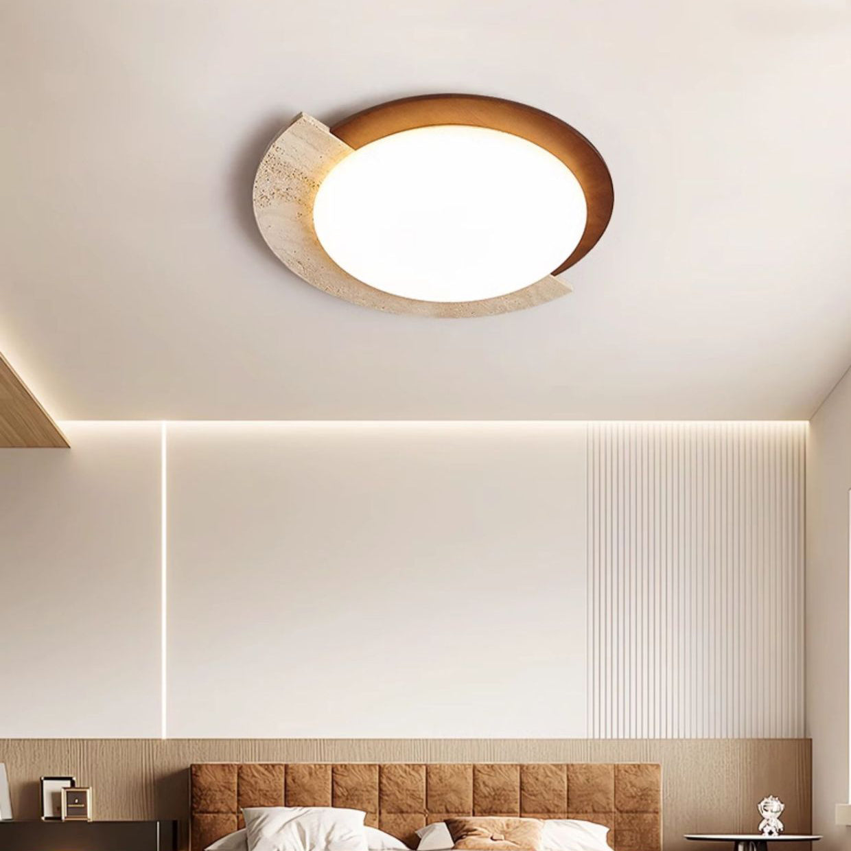 Traditional Japanese Round Travertine Acrylic LED Flush Mount Ceiling Light For Bedroom