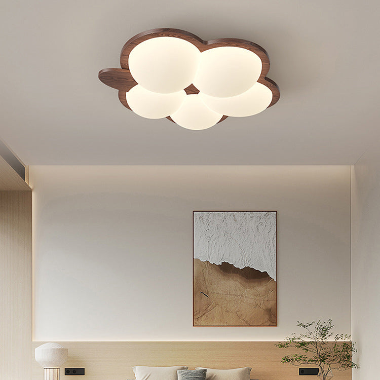 Contemporary Creative Flower Rubberwood PE LED Flush Mount Ceiling Light For Bedroom