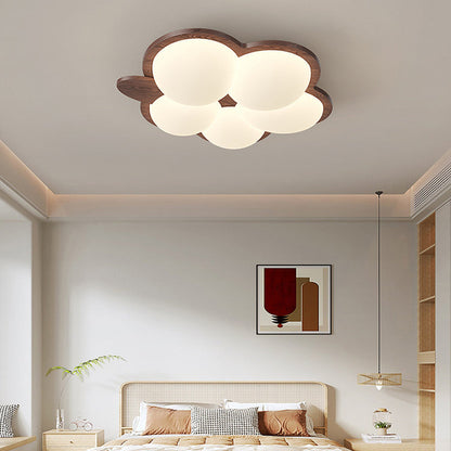 Contemporary Creative Flower Rubberwood PE LED Flush Mount Ceiling Light For Bedroom