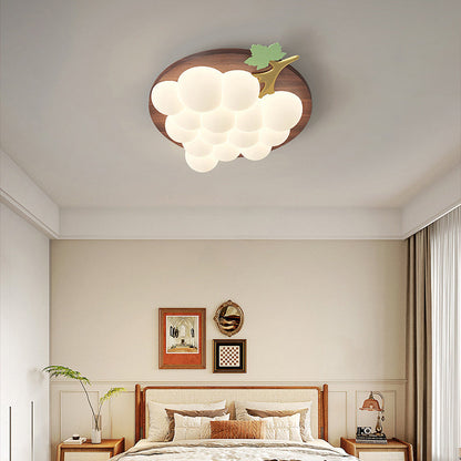 Contemporary Creative Grape Solid Wood Iron PE LED Flush Mount Ceiling Light For Bedroom