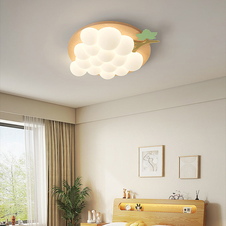 Contemporary Creative Grape Solid Wood Iron PE LED Flush Mount Ceiling Light For Bedroom