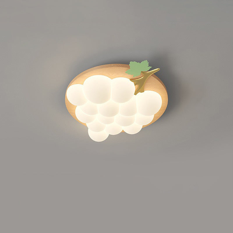 Contemporary Creative Grape Solid Wood Iron PE LED Flush Mount Ceiling Light For Bedroom