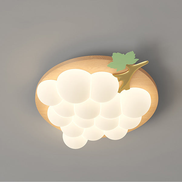 Contemporary Creative Grape Solid Wood Iron PE LED Flush Mount Ceiling Light For Bedroom