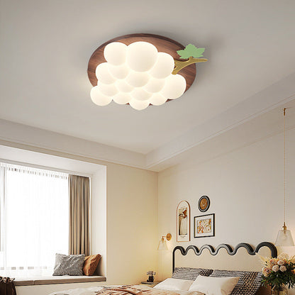Contemporary Creative Grape Solid Wood Iron PE LED Flush Mount Ceiling Light For Bedroom