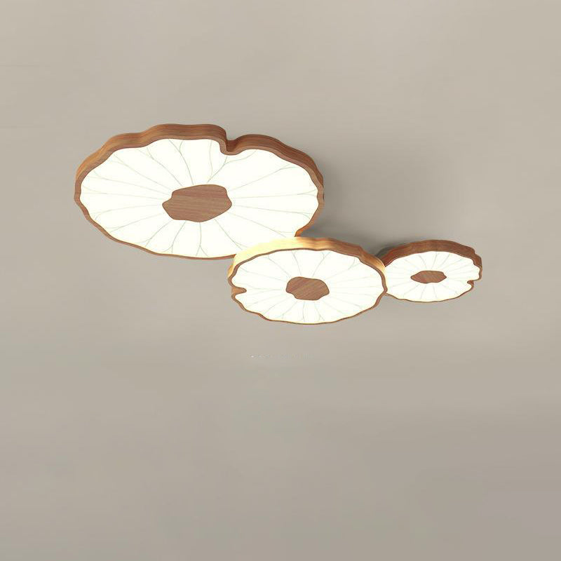 Traditional Chinese Lotus Leaf Round Iron Acrylic LED Flush Mount Ceiling Light For Living Room