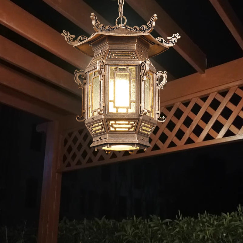 Traditional Chinese Lantern Aluminum PVC 1-Light Pendant Light For Outdoor Patio