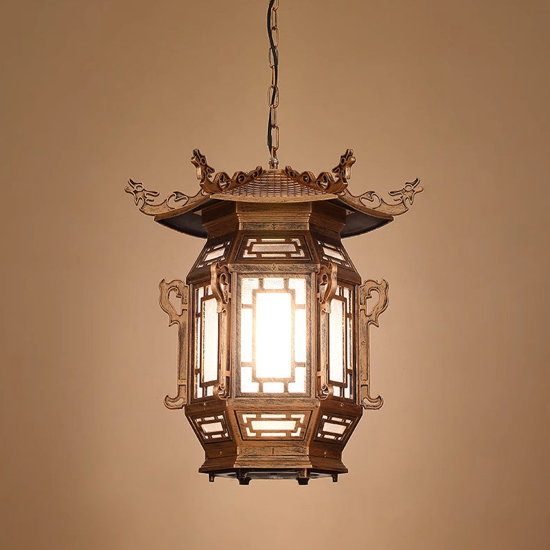 Traditional Chinese Lantern Aluminum PVC 1-Light Pendant Light For Outdoor Patio