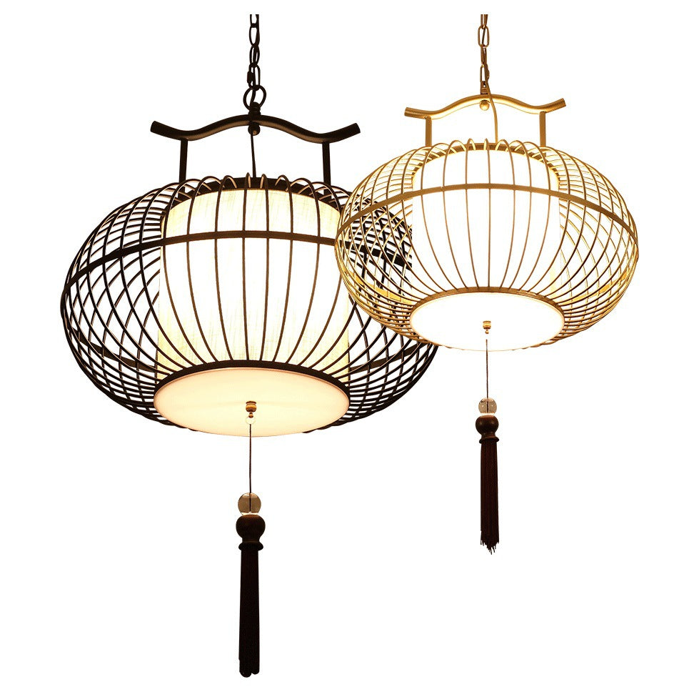 Traditional Chinese Globe Iron Fabric 2-Light Pendant Light For Living Room