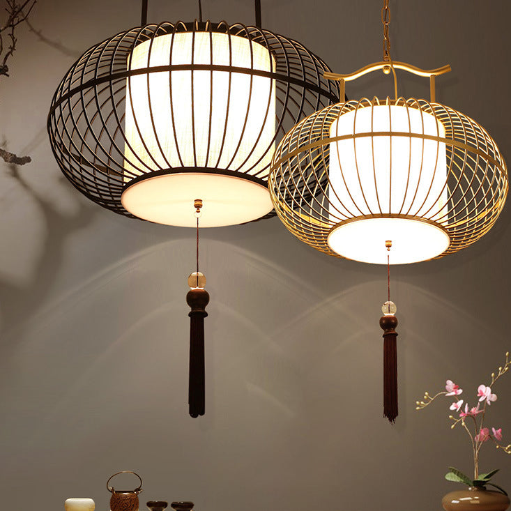 Traditional Chinese Globe Iron Fabric 2-Light Pendant Light For Living Room