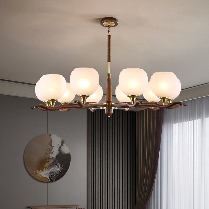 Traditional Chinese Sphere Copper Solid Wood Glass 6/8 Light Chandelier For Living Room