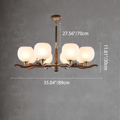 Traditional Chinese Sphere Copper Solid Wood Glass 6/8 Light Chandelier For Living Room