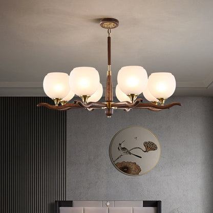 Traditional Chinese Sphere Copper Solid Wood Glass 6/8 Light Chandelier For Living Room