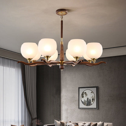 Traditional Chinese Sphere Copper Solid Wood Glass 6/8 Light Chandelier For Living Room