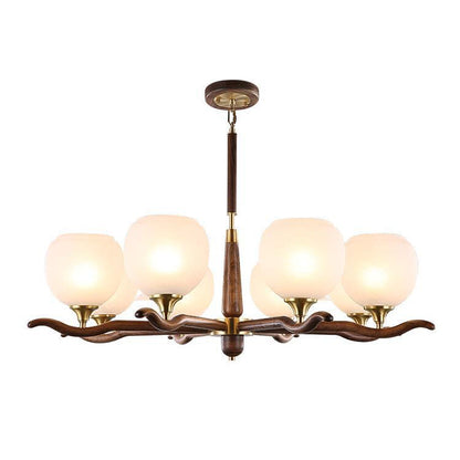 Traditional Chinese Sphere Copper Solid Wood Glass 6/8 Light Chandelier For Living Room