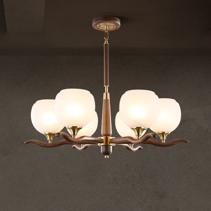 Traditional Chinese Sphere Copper Solid Wood Glass 6/8 Light Chandelier For Living Room