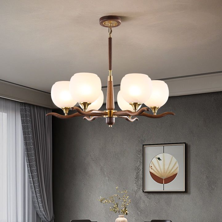 Traditional Chinese Sphere Copper Solid Wood Glass 6/8 Light Chandelier For Living Room