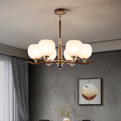 Traditional Chinese Sphere Copper Solid Wood Glass 6/8 Light Chandelier For Living Room