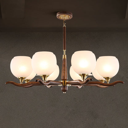 Traditional Chinese Sphere Copper Solid Wood Glass 6/8 Light Chandelier For Living Room