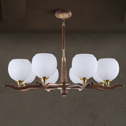 Traditional Chinese Sphere Copper Solid Wood Glass 6/8 Light Chandelier For Living Room