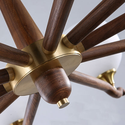 Traditional Chinese Sphere Copper Solid Wood Glass 6/8 Light Chandelier For Living Room