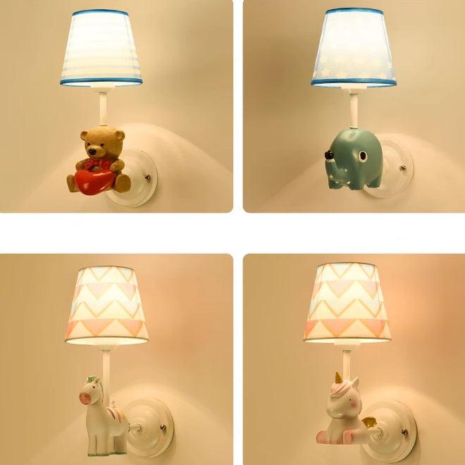 Contemporary Creative Kids Cartoon Frustum Cone Iron Resin Fabric 1-Light Wall Sconce Lamp For Bedroom