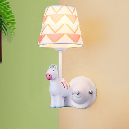 Contemporary Creative Kids Cartoon Frustum Cone Iron Resin Fabric 1-Light Wall Sconce Lamp For Bedroom