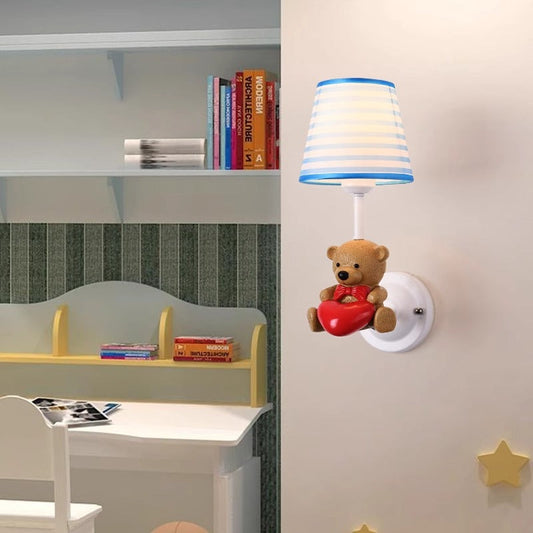 Contemporary Creative Kids Cartoon Frustum Cone Iron Resin Fabric 1-Light Wall Sconce Lamp For Bedroom