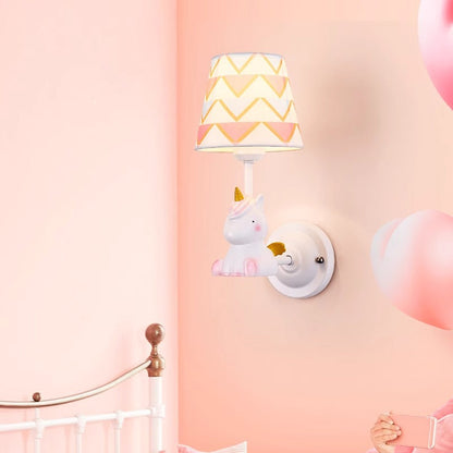 Contemporary Creative Kids Cartoon Frustum Cone Iron Resin Fabric 1-Light Wall Sconce Lamp For Bedroom