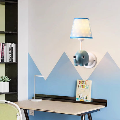 Contemporary Creative Kids Cartoon Frustum Cone Iron Resin Fabric 1-Light Wall Sconce Lamp For Bedroom