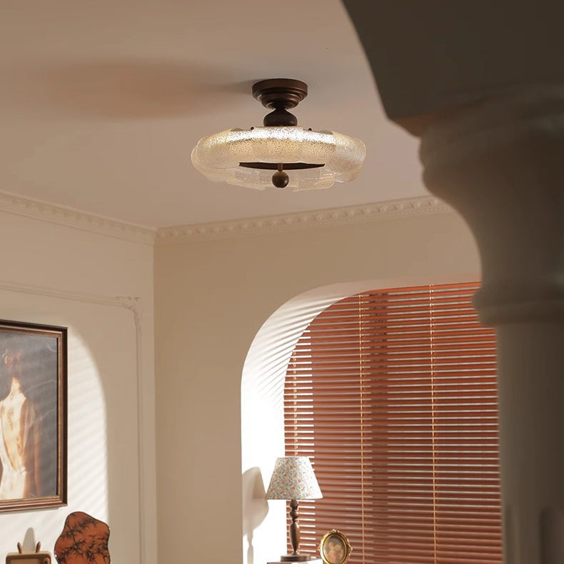 Traditional Vintage Round Iron Glass LED Semi-Flush Mount Ceiling Light For Bedroom