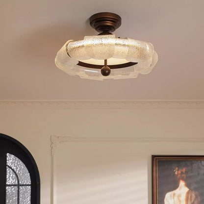 Traditional Vintage Round Iron Glass LED Semi-Flush Mount Ceiling Light For Bedroom