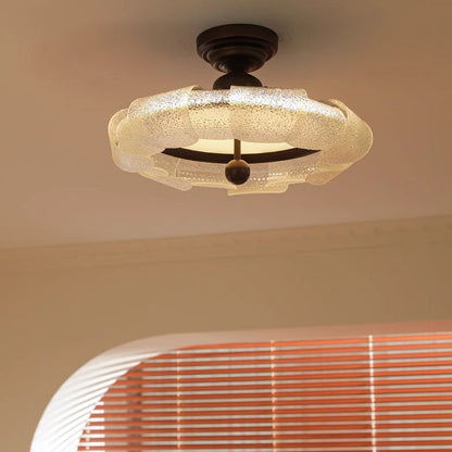 Traditional Vintage Round Iron Glass LED Semi-Flush Mount Ceiling Light For Bedroom