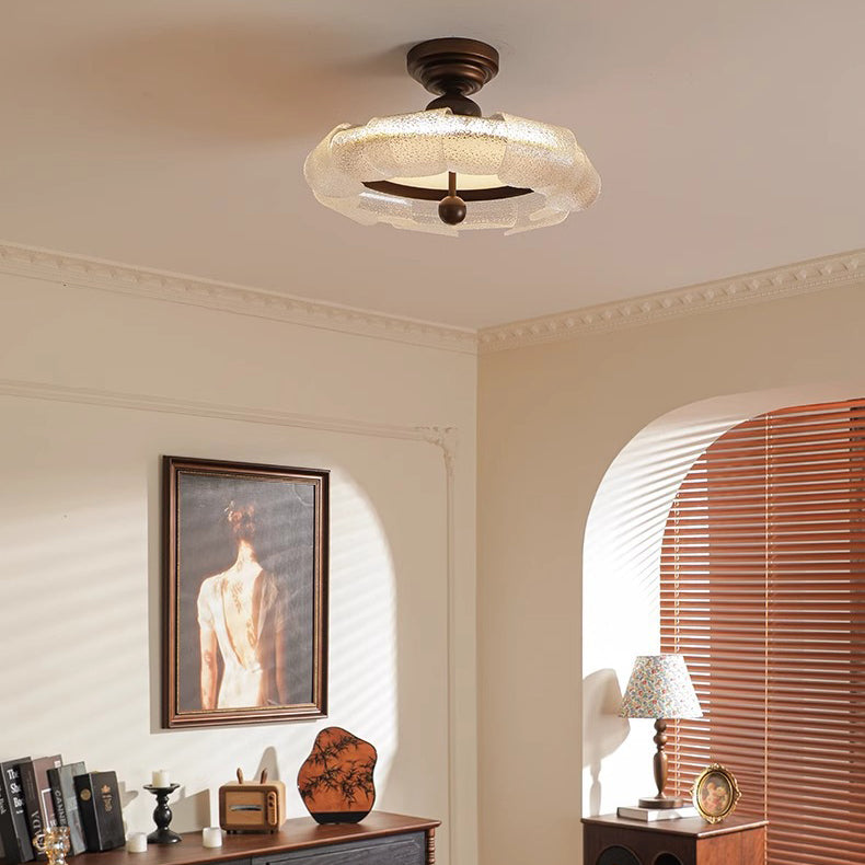 Traditional Vintage Round Iron Glass LED Semi-Flush Mount Ceiling Light For Bedroom